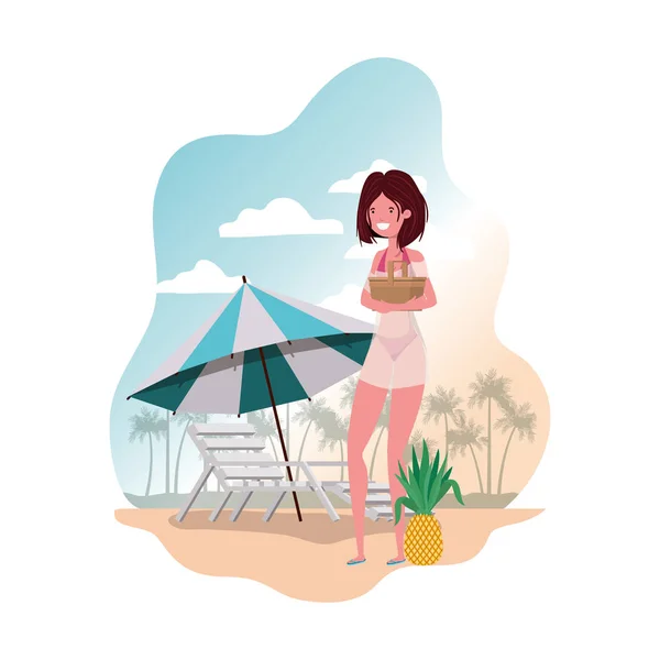 Mujer con traje de baño y picnic de paja — Vector de stock