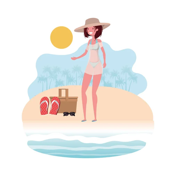 Mulher na costa da praia com cesta de piquenique — Vetor de Stock