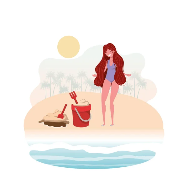 Mujer en la orilla de la playa con cubo de arena — Vector de stock