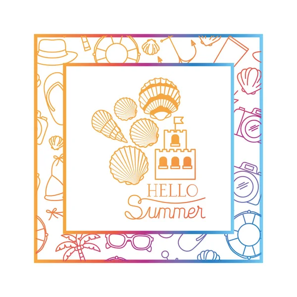 Hola etiqueta de verano con marco colorido — Vector de stock