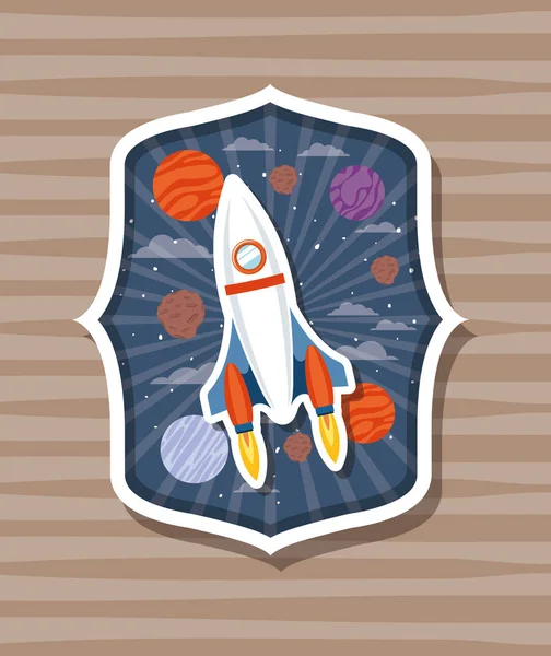 Rocket over label with planets design vector illustration — Stock Vector