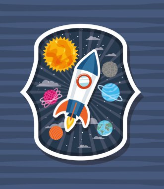Gezegenler tasarım vektör illüstrasyon ile etiket üzerinde roket