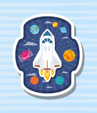 Gezegenler tasarım vektör illüstrasyon ile etiket üzerinde roket