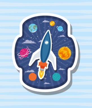 Gezegenler tasarım vektör illüstrasyon ile etiket üzerinde roket