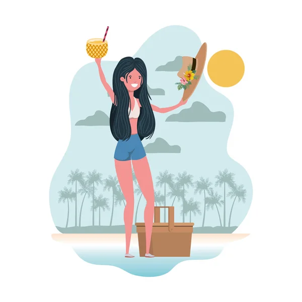 Femme avec maillot de bain et cocktail d'ananas à la main — Image vectorielle