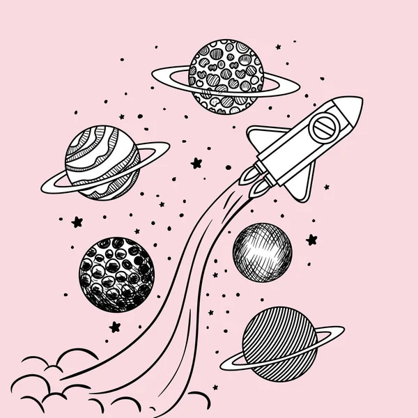 太陽系とロケット設計の惑星描画 — ストックベクタ