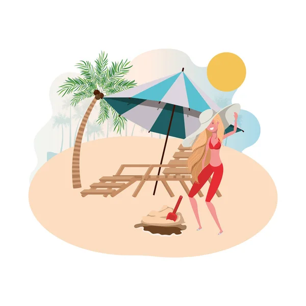 Vrouw op eiland met badpak en strandstoel — Stockvector