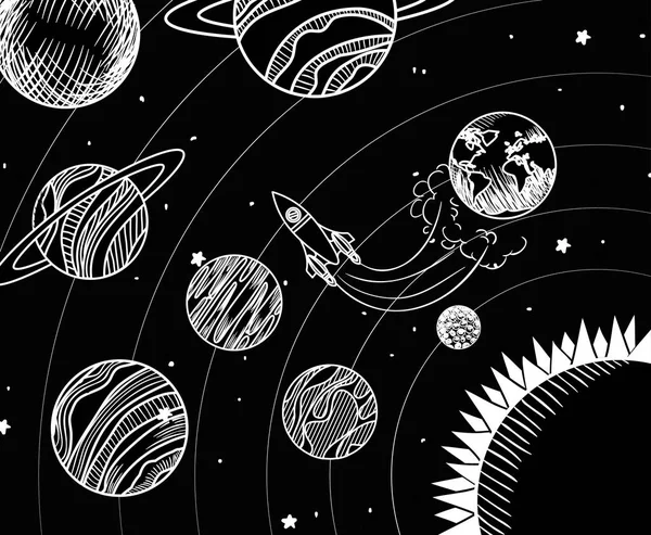 Cohete y planetas dibuja de diseño del sistema solar — Vector de stock