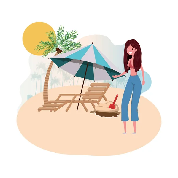 Mujer en la isla con traje de baño y silla de playa — Vector de stock