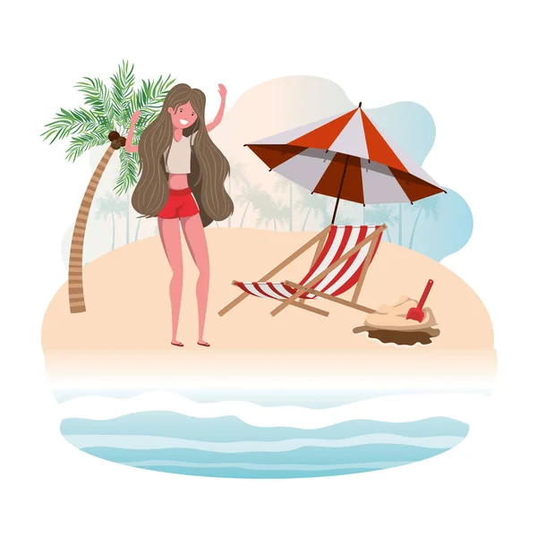 Mujer con traje de baño en la playa y sombrilla — Vector de stock