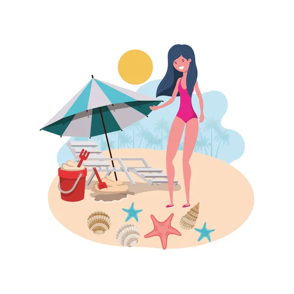 Frau mit Badeanzug am Strand und Sonnenschirm — Stockvektor