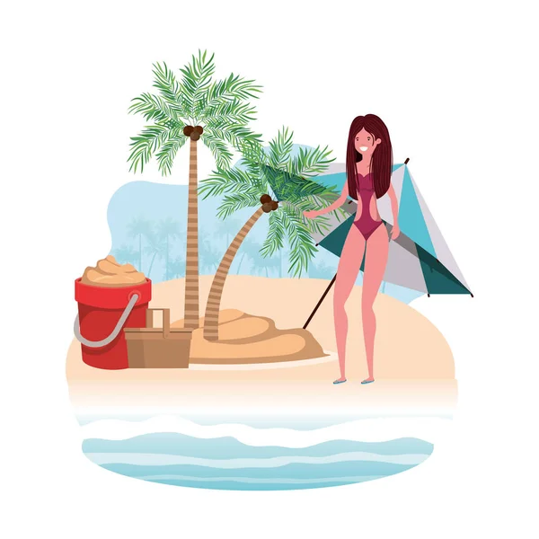 Mujer en la isla con traje de baño y cubo de arena — Vector de stock
