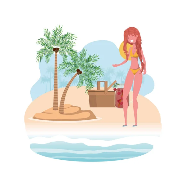 Mujer en la isla con traje de baño y cesta de picnic — Vector de stock