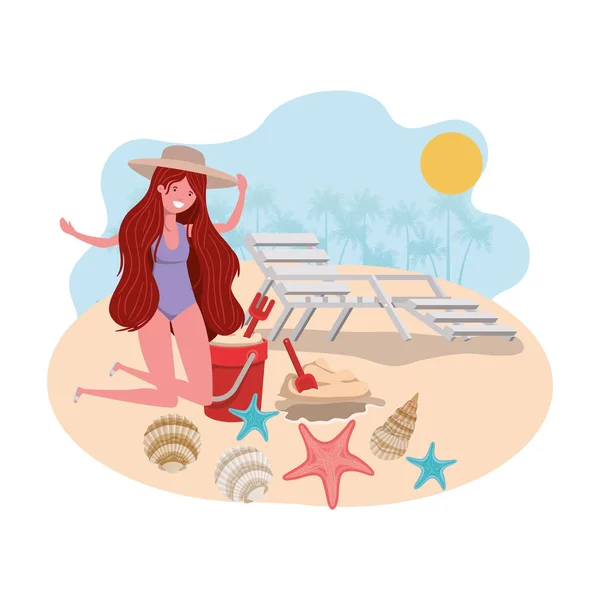 Frau am Strand mit Badeanzug und Sandeimer — Stockvektor