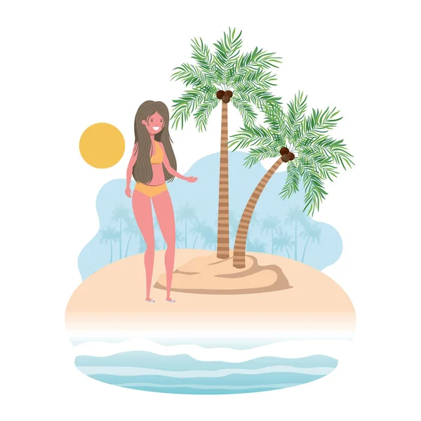 Mujer en la isla con traje de baño y palmas — Vector de stock
