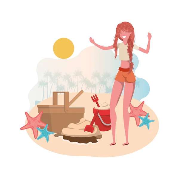 Frau am Strand mit Picknickkorb — Stockvektor