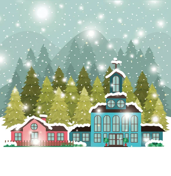 Ciudad con iglesia en paisaje de nieve — Vector de stock