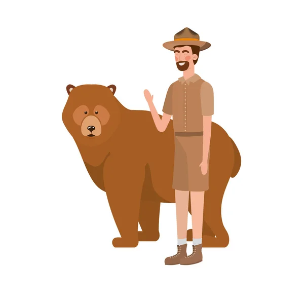 Bosque guardabosques hombre de dibujos animados y diseño de oso — Archivo Imágenes Vectoriales