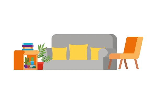 Sala de estar com sofá e pilha de livros — Vetor de Stock