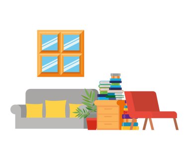 kanepe ve kitap yığını ile oturma odası