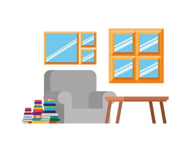 kanepe ve kitap yığını ile oturma odası