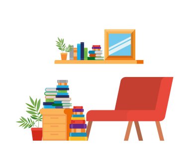 kanepe ve kitap yığını ile oturma odası