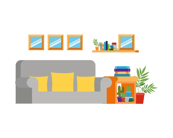 Salón con sofá y pila de libros — Vector de stock