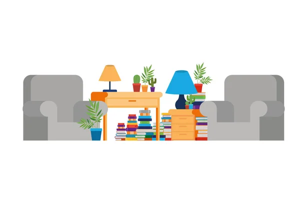 Soggiorno con divano e scrivania con libri — Vettoriale Stock