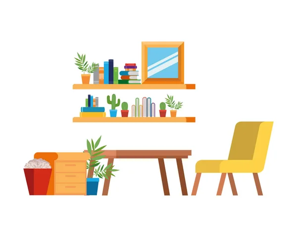 Salon avec canapé et bibliothèque de livres — Image vectorielle
