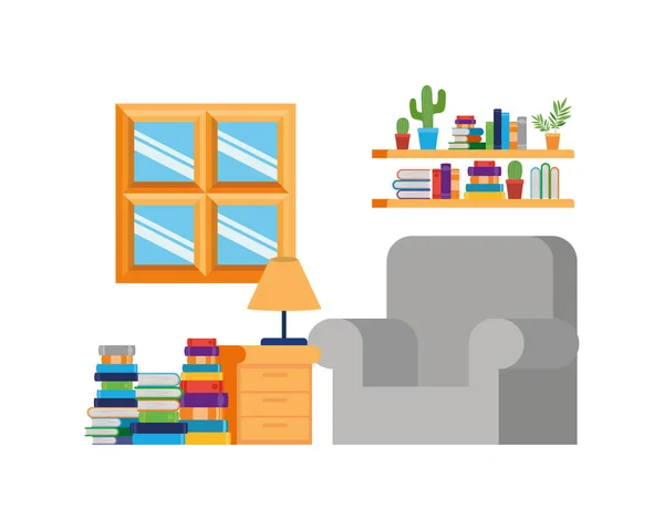 Living room with couch and stack of books — Stock Vector