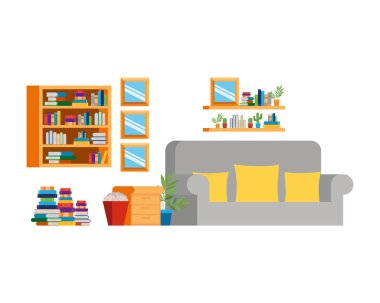 kanepe ve kitap yığını ile oturma odası