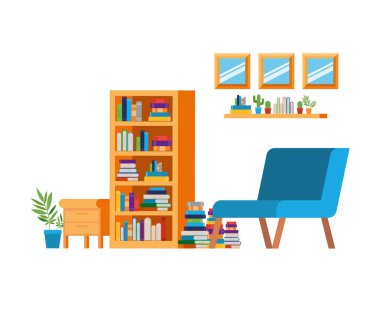 kanepe ve kitaplık ile oturma odası