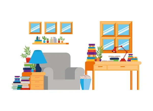 Sala de estar com sofá e mesa com livros —  Vetores de Stock
