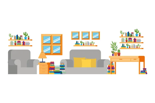 Wohnzimmer mit Schreibtisch und Büchern — Stockvektor