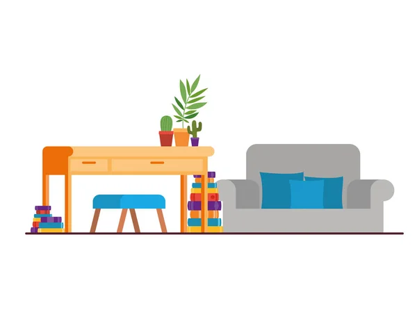 Vardagsrum med skrivbord och böcker — Stock vektor