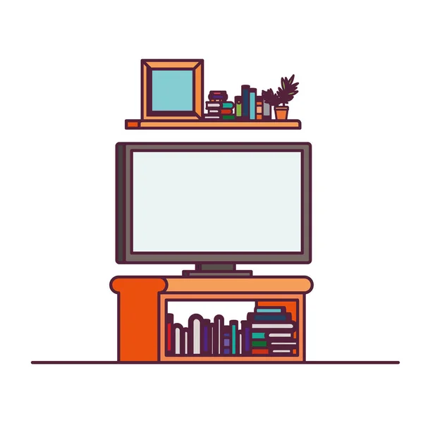 Plasma tv in wooden shelf with books — Stock Vector