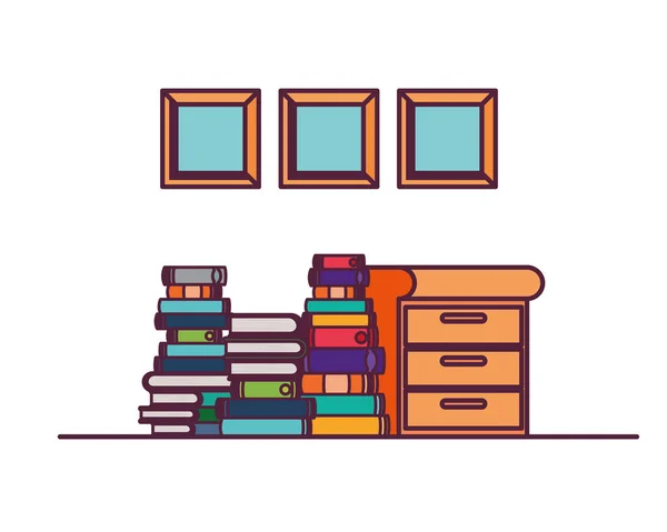 Dřevěná zásuvka s hromadou knih v bílém pozadí — Stockový vektor