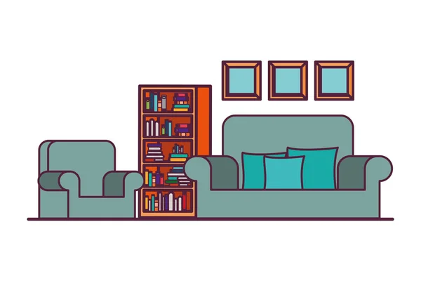 Sala de estar con sofá y estante de libros — Vector de stock