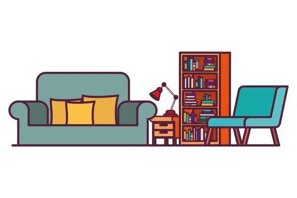 Wohnzimmer mit Couch und Bücherregal — Stockvektor