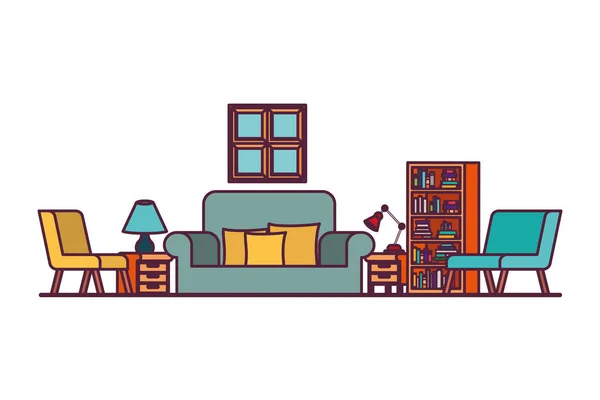 Wohnzimmer mit Couch und Bücherregal — Stockvektor