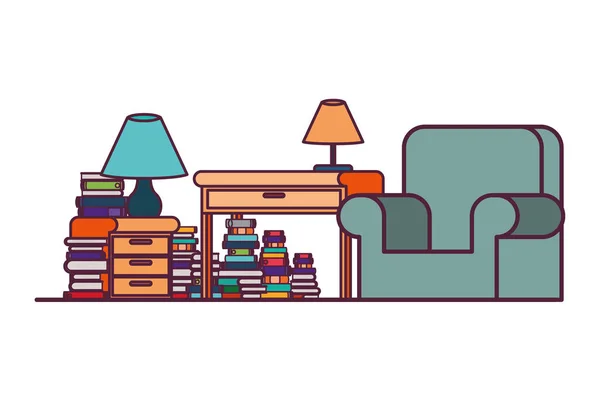 Obývací pokoj s pohovkou a stohu knih — Stockový vektor