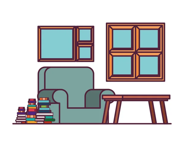 Sala de estar com sofá e pilha de livros — Vetor de Stock