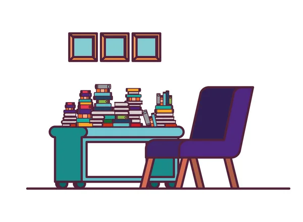 Nappali kanapé és könyvespolc könyvek — Stock Vector