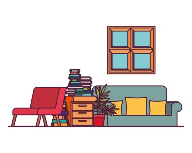 kanepe ve kitap yığını ile oturma odası