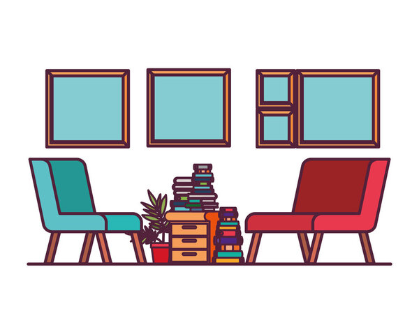 living room with couch and stack of books