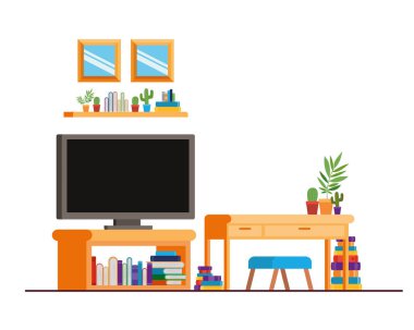 kitaplar ile ahşap rafta plazma tv