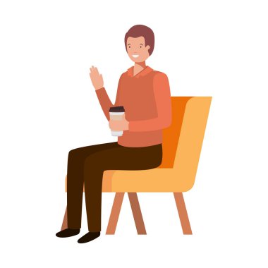 beyaz arka plan üzerinde konteyner plastik kahve ile sandalyede oturan adam