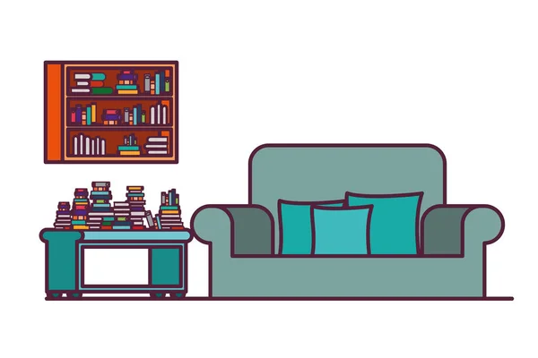 Гостиная с диваном и книжной полкой — стоковый вектор