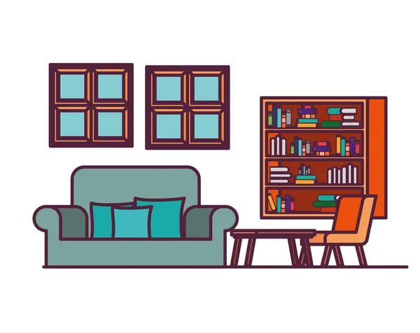 Wohnzimmer mit Couch und Bücherregal — Stockvektor