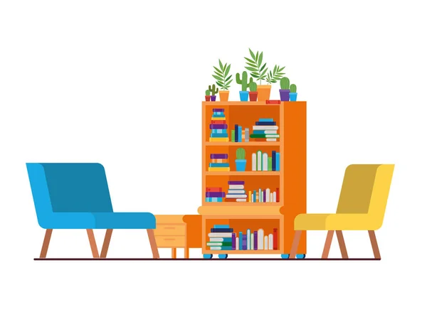 Kanepe ve kitaplık ile oturma odası — Stok Vektör